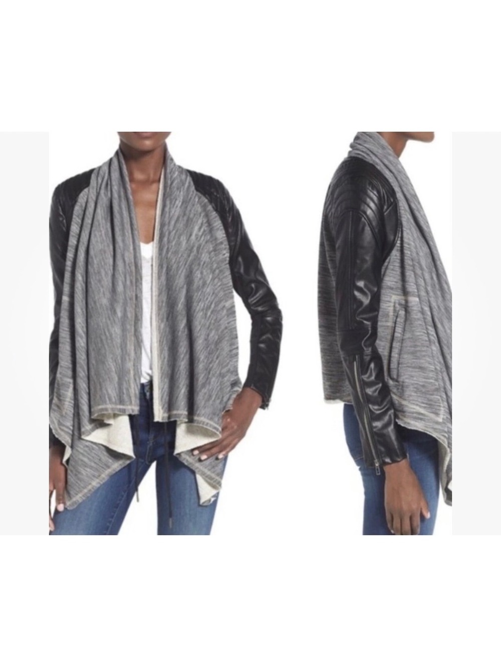 Blank NYC Draped Faux Leather Biker Jacket, Cardigan, Sweater GUC